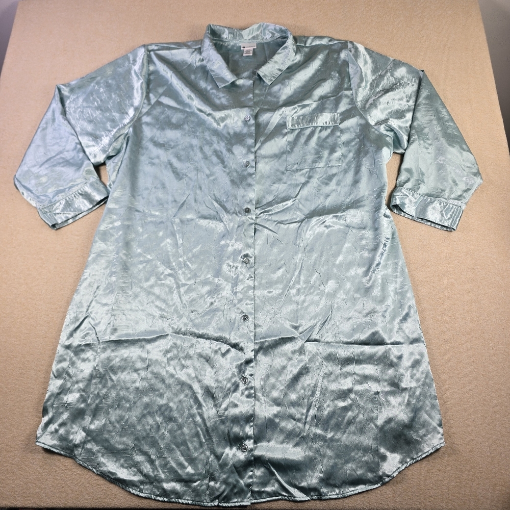 Enchanted Satin Shirt Dress Tunic Blue Button Front Plus 26/28